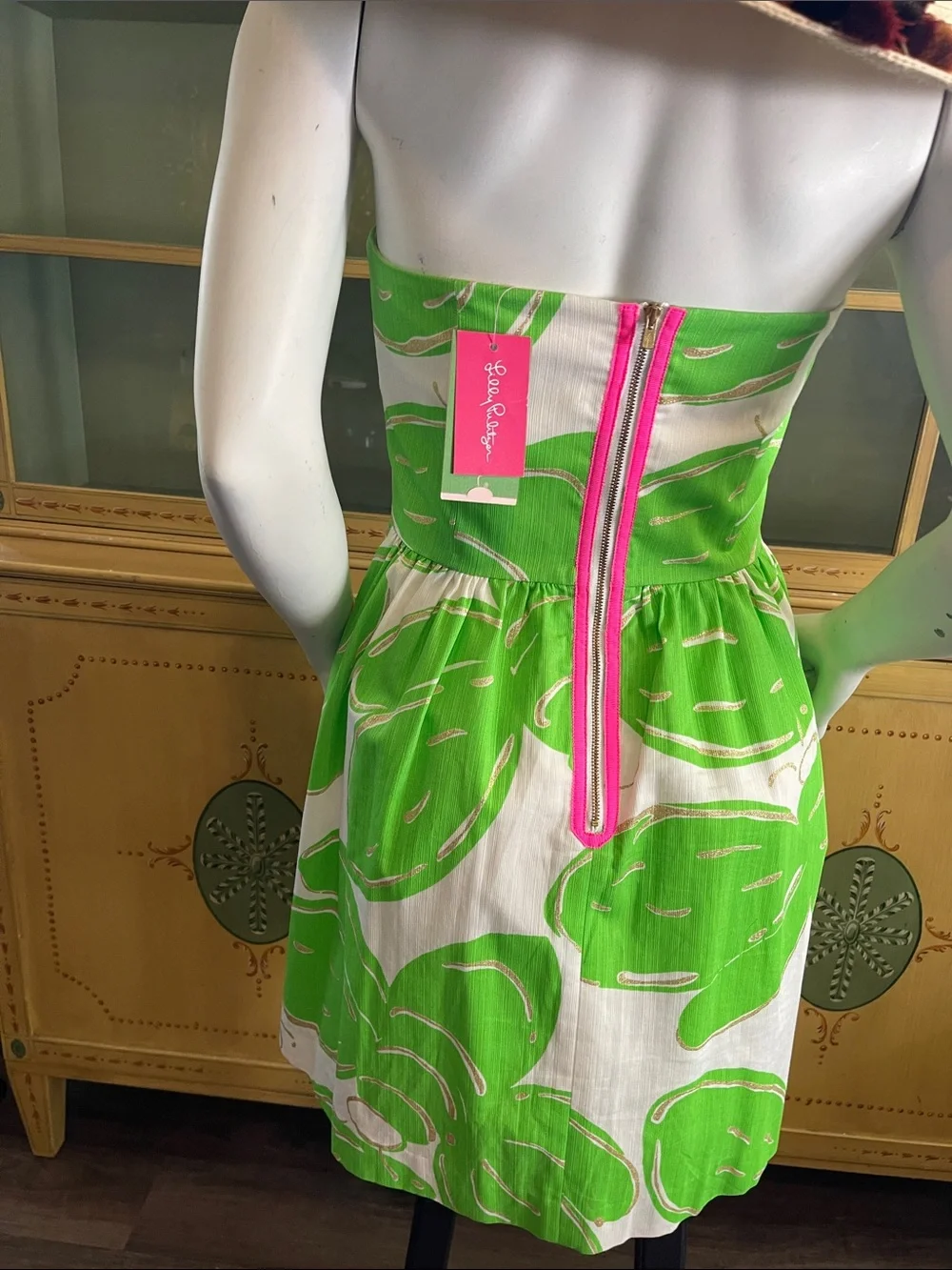 Strapless Green & White Tropical Print Sundress